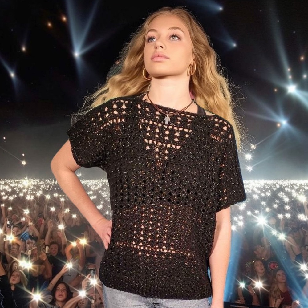 Super Sparkly Glittery Black Handmade Crochet Sweater Top Size Large